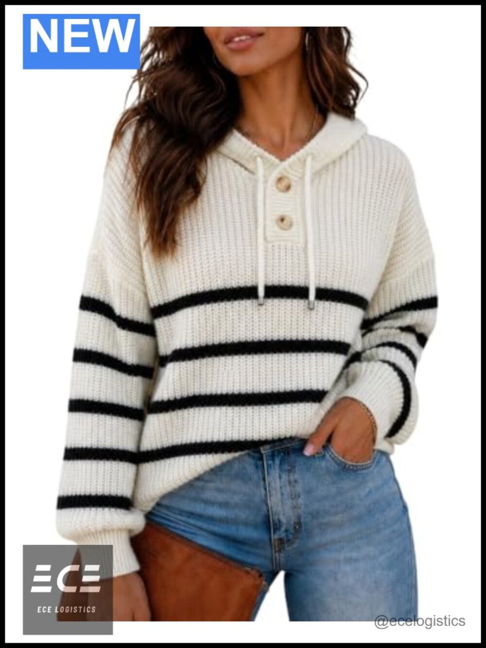 Oversized Waffle Knit Striped Hoodie Pullover Sweater